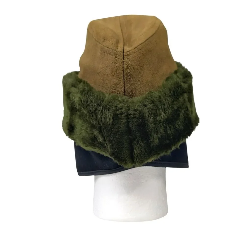 Vintage U.S. Military Cold Weather Cap Hat Faux Fur Trim Olive Brown Size Large